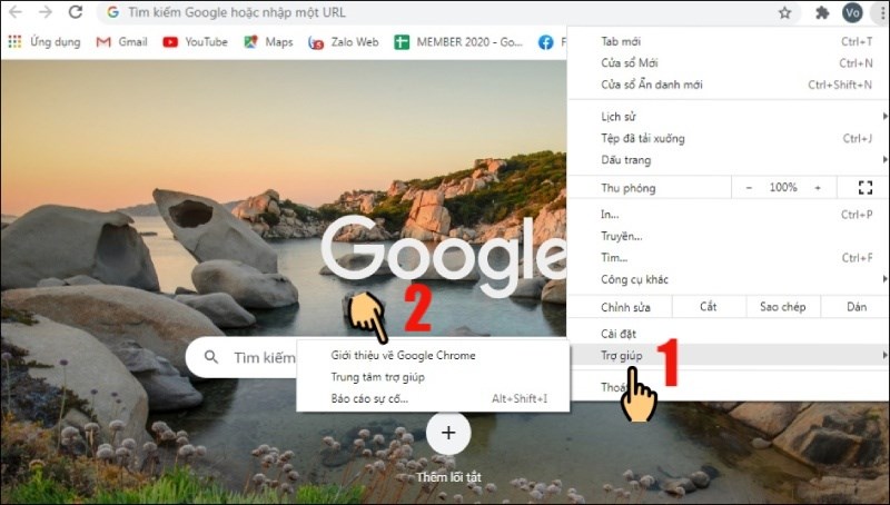 Click vào biểu tượng 3 dấu chấm, chọn Trợ giúp và Giới thiệu về Google Chrome Click vào biểu tượng 3 dấu chấm, chọn Trợ giúp và Giới thiệu về Google Chrome