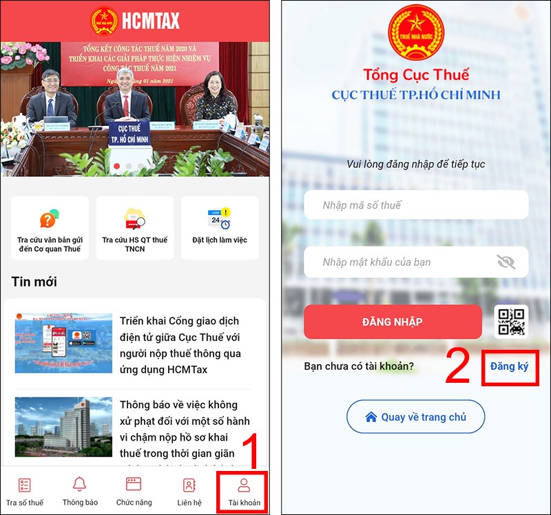 Chọn Tài khoản rồi chọn Đăng ký