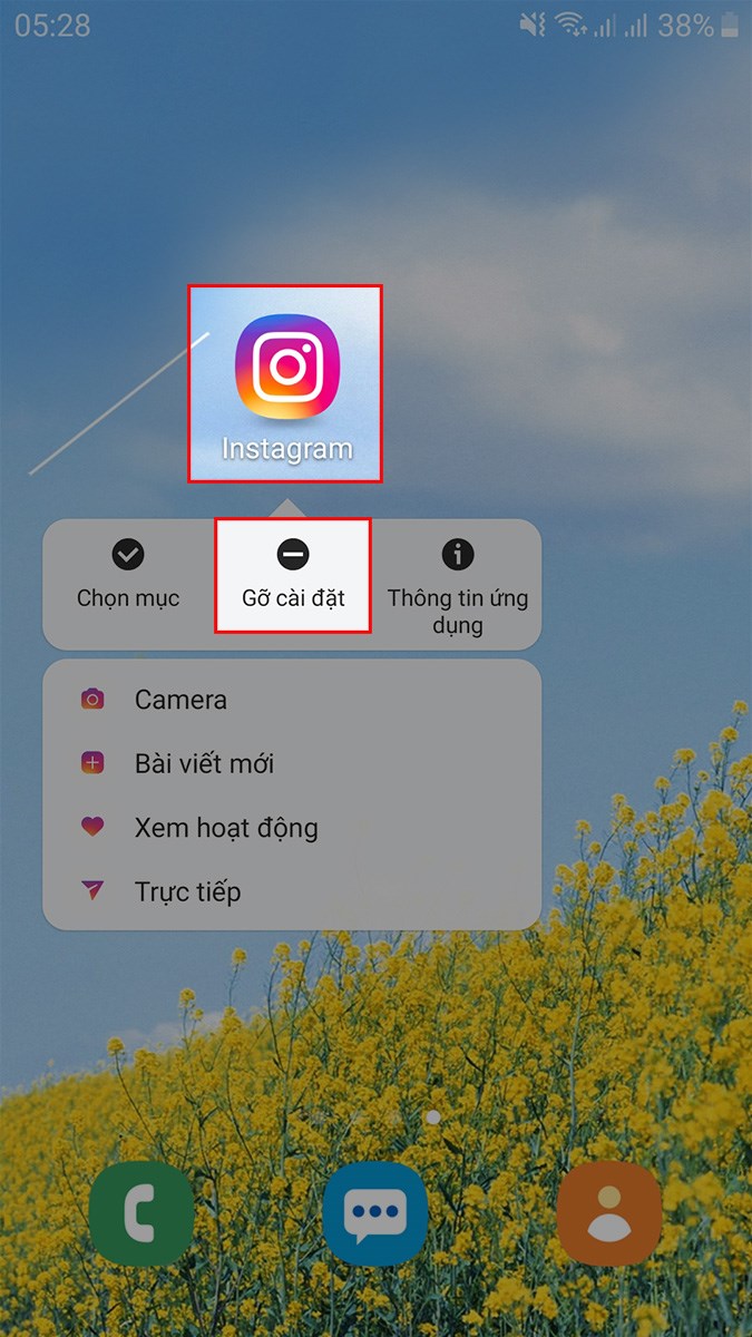Nhấn giữ biểu tượng ứng dụng Instagram > Chọn Gỡ cài đặt Nhấn giữ biểu tượng ứng dụng Instagram > Chọn Gỡ cài đặt