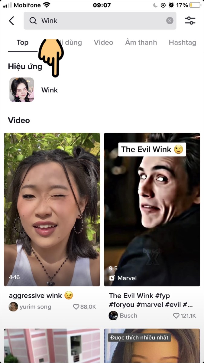 Nhập từ khóa Wink và bấm chọn hiệu ứng Wink