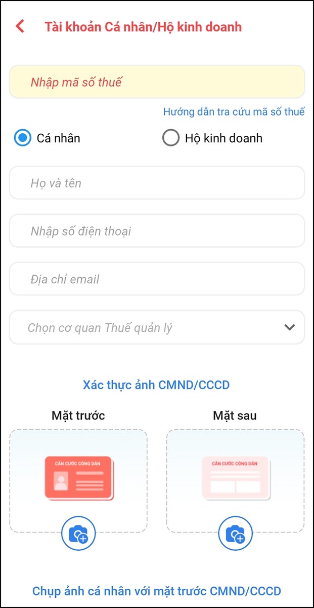 Điền thông tin cho tài khoản cá nhân/hộ kinh doanh