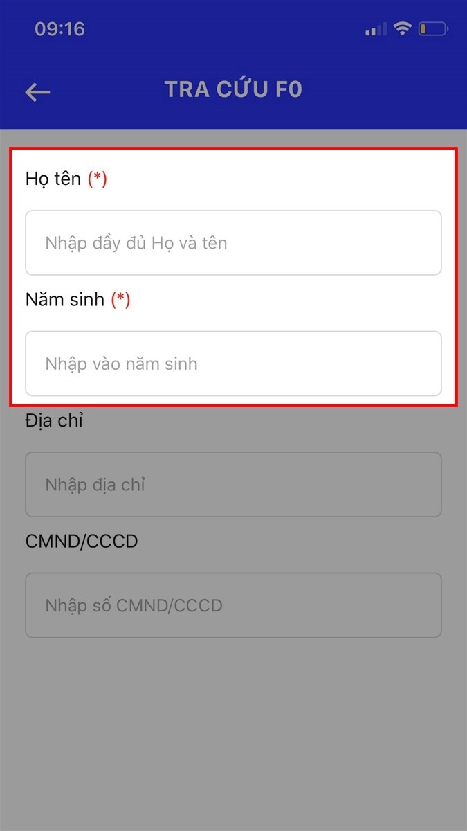 Điền thông tin của người muốn tra cứu tại mục Họ tên và Năm sinh