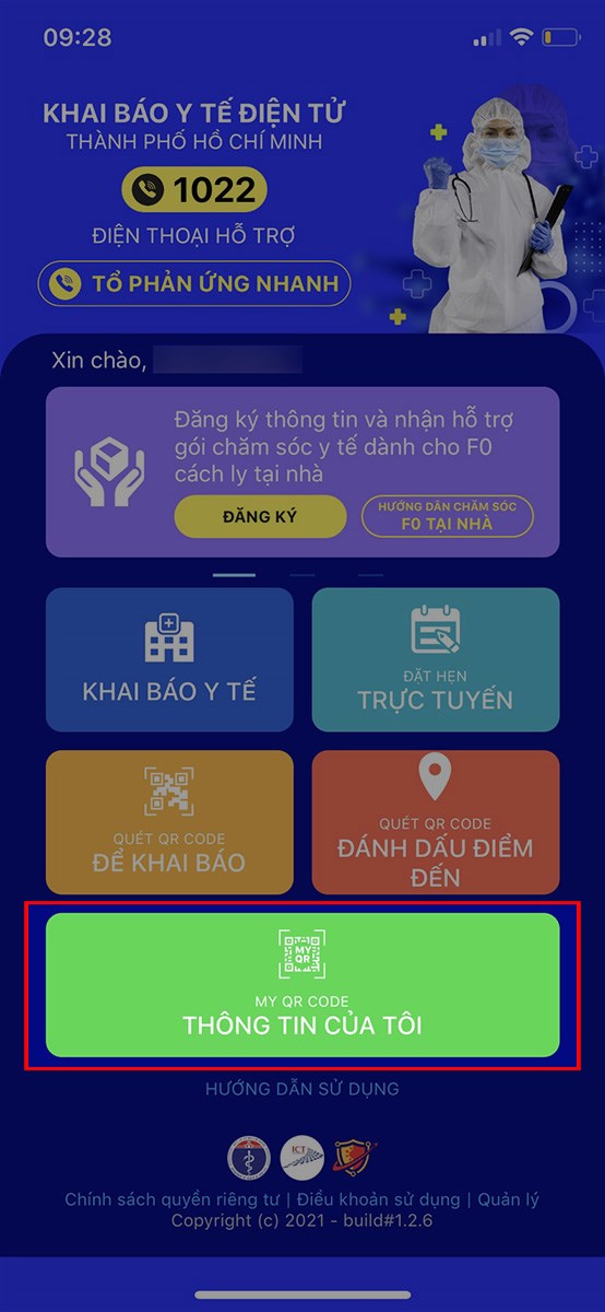 Mở ứng dụng Y Tế HCM, chọn THÔNG TIN CỦA TÔI