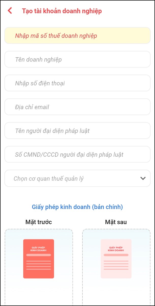 Điền thông tin cho tài khoản tổ chức/doanh nghiệp