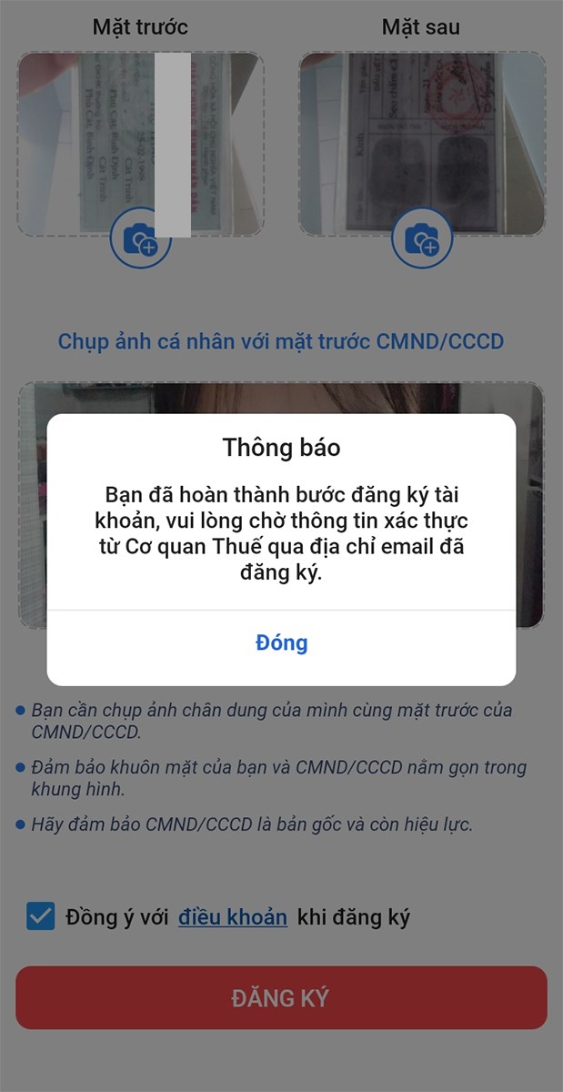 Thông báo đăng ký thành công