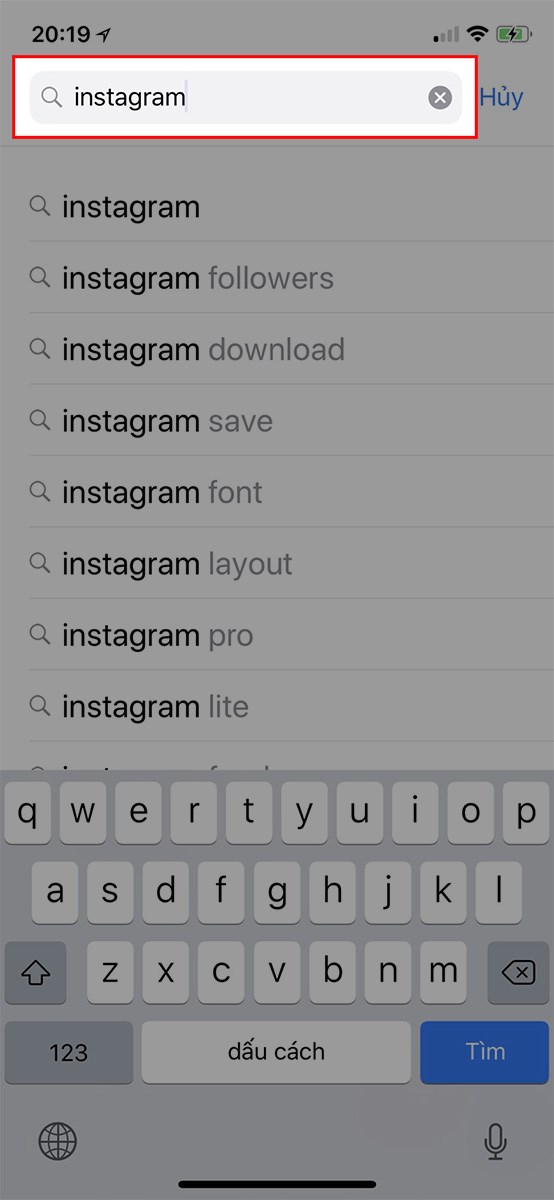 Nhấn vào khung tìm kiếm > Nhập Instagram Nhấn vào khung tìm kiếm > Nhập Instagram