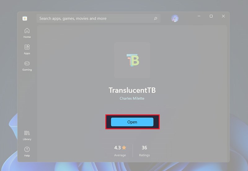 Chọn Open để mở phần mềm TranslucentTB