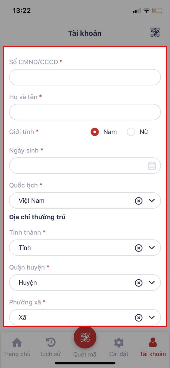 Tiến hành điền đầy đủ các thông tin cá nhân với các mục tương ứng