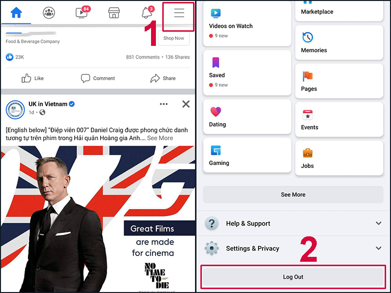 Chọn Đăng xuất để thoát tài khoản, sau đó đăng nhập lại để sử dụng Facebook