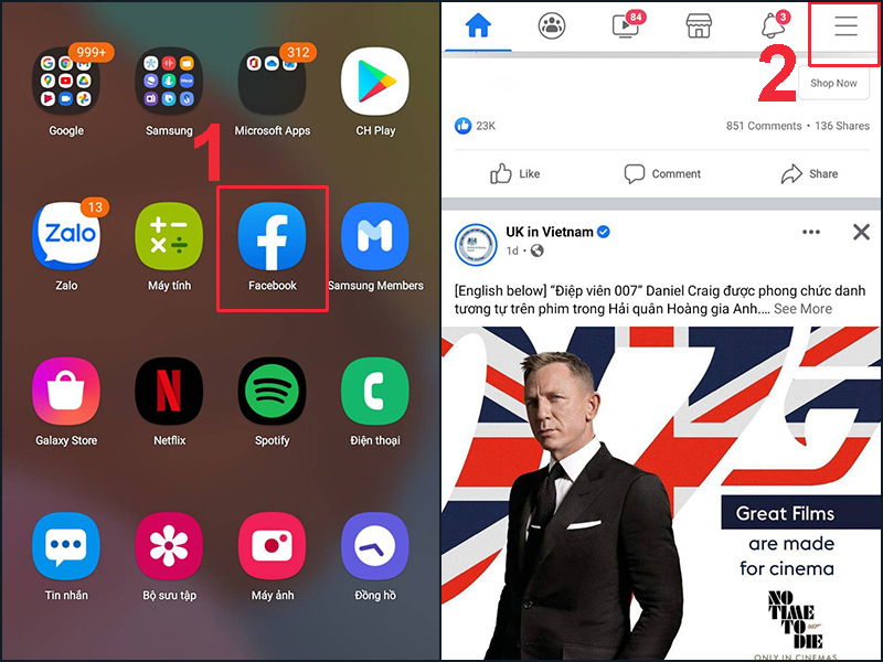 Chọn biểu tượng 3 dấu gạch ngang ở góc màn hình giao diện Facebook