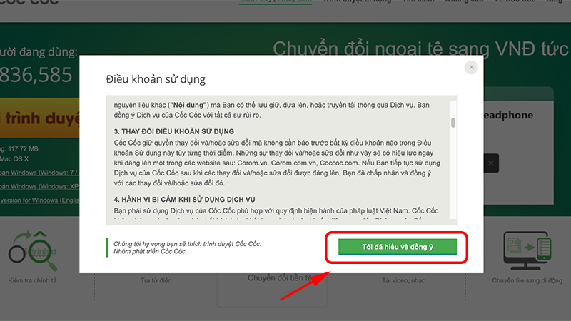 Chọn phiên bản máy Mac bạn đang sử dụng và xác nhận tải Cốc Cốc về máy