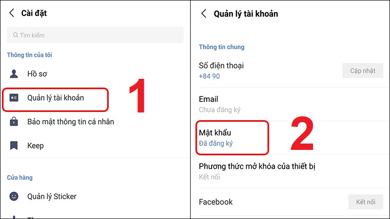 Chọn Quản lý tài khoản > Mật khẩu > Nhập mật khẩu điện thoại (nếu có) > Thiết lập mật khẩu LINE mới.