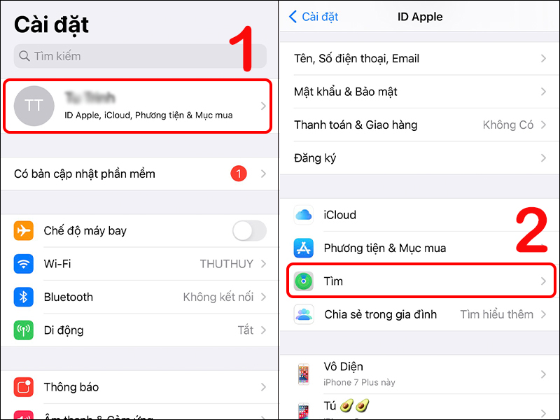 Chọn Tìm trong mục ID Apple, iCloud, Phương tiện & Mục mua