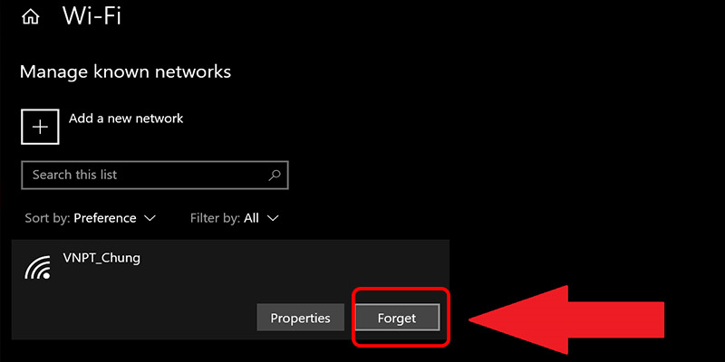 Click chuột vào mạng WiFi và chọn Forget để quên/xóa mạng này