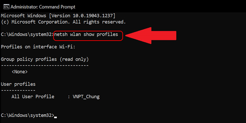 Nhập câu lệnh netsh wlan show profiles rồi ấn Enter
