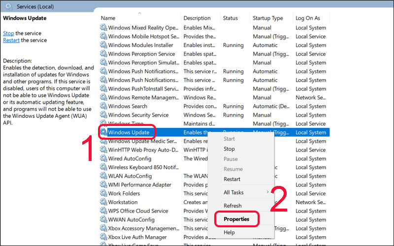 Nhấn chuột phải vào Windows Update