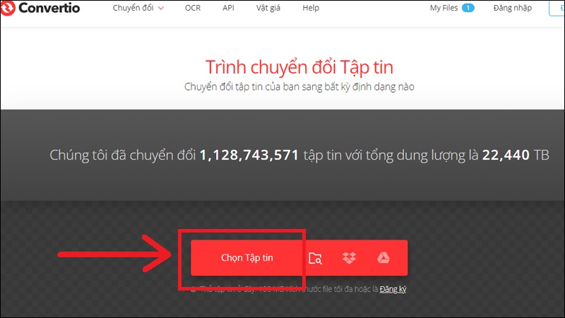 Truy cập website Convertio và nhấn Chọn Tập tin