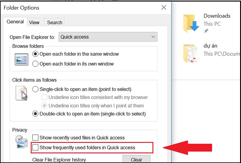 Bỏ chọn Show frequently used folders in Quick access để tắt hiển thị Các thư mục đã mở thường xuyên.