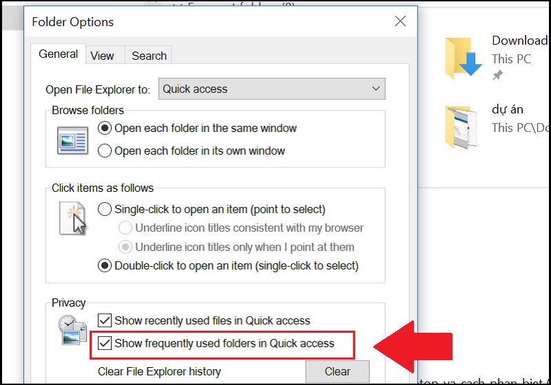 Chọn Show frequently used files in Quick access để bật hiển thị Các tệp đã mở thường xuyên