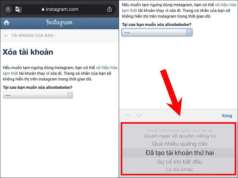 Bạn chọn lý do tại sao mình muốn xoá tài khoản