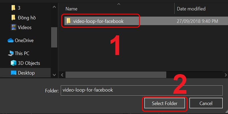 Tìm thư mục video-loop-for-facebook sau đó chọn Select Folder.