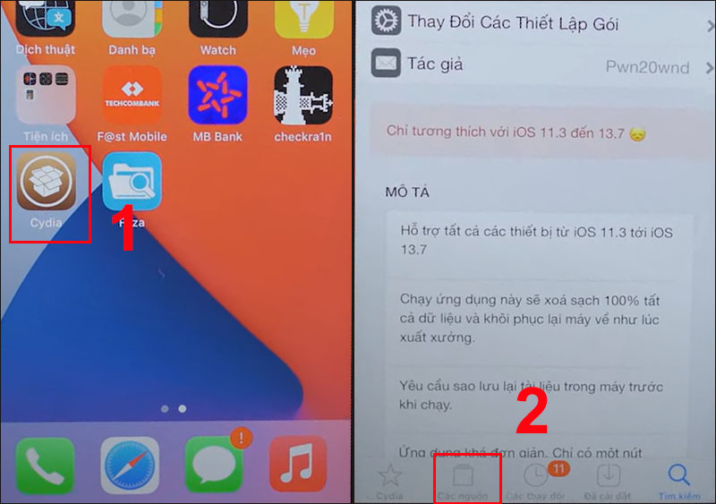 ruy cập ứng dụng Cydia và chọn mục Các nguồn