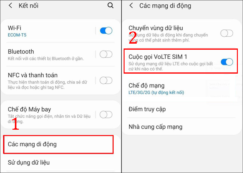 Gạt tắt Cuộc gọi VoLTE trên SIM