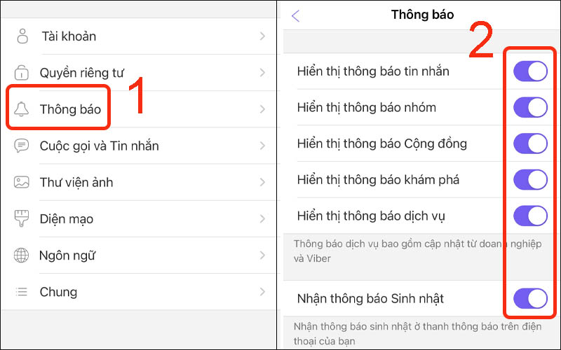 Bật hết tất cả các mục Hiển thị thông báo