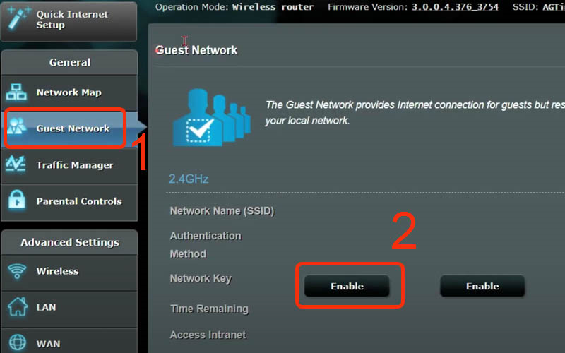 Nhấn vào Guest Network rồi chọn Enable