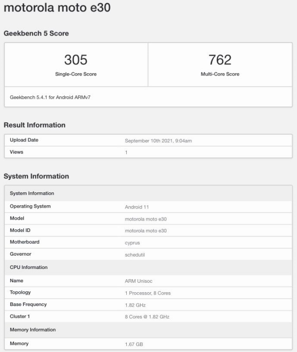 Motorola Moto E30 xuất hiện trên Geekbench