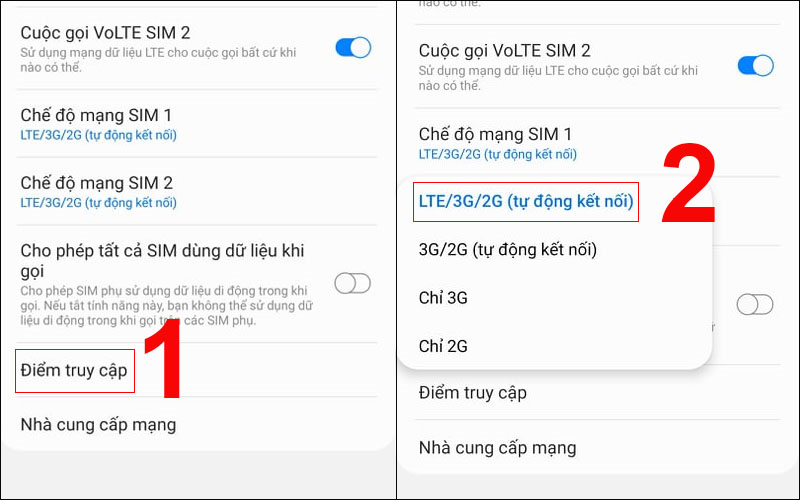 Chọn LTE/3G/2G (tự động kết nối)