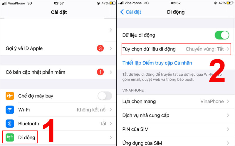 Chọn Tuỳ chọn dữ liệu trong mục Cài đặt