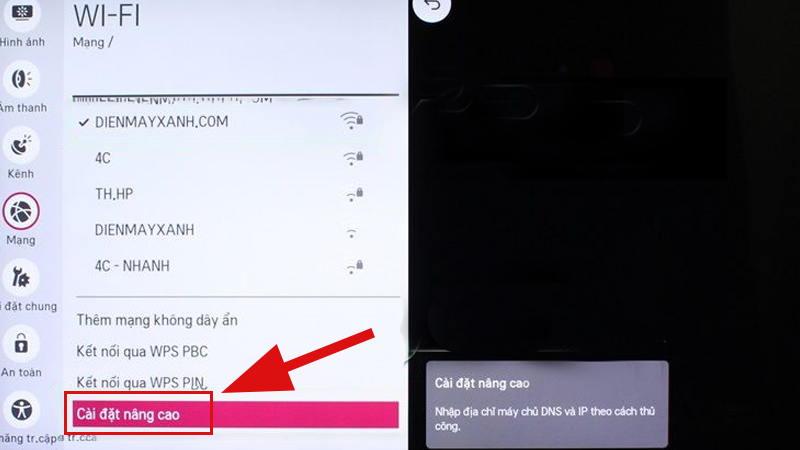 Chọn vào mục Kết nối WiFi, chọn Cài đặt nâng cao, chọn SỬA để bắt đầu cài đặt IP và DNS